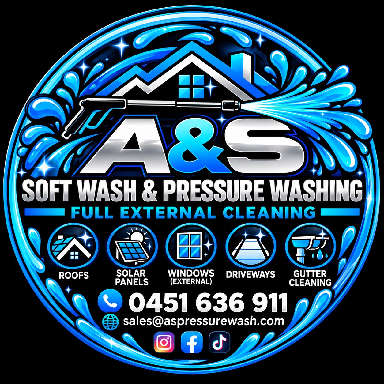 A&S Soft Wash & Pressure Washing logo with blue water splash artwork and exterior cleaning services